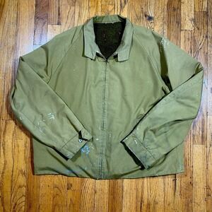 Vintage 50s 60s Work Jacket Distressed Paint Splattered Green Talon Zipper Large